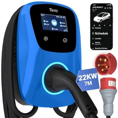 Immagine di Tera Caricatore EV Smart APP: 32 A tipo 2 22 kW o 11 casa stazione di ricarica 400 V CE &amp; TÜV Wallbox 7 m cavo con supporto caricabatterie, controllo app CEE 3 fasi spina per tutti i