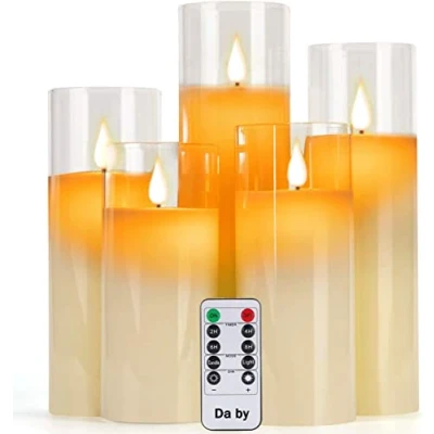 Immagine di Da by Candele LED, with Glass Effect (13cm/14cm /16cm/18cm 20cm) Set di 5 pilastri in Cera antigoccia Reali con Fiamme LED danzanti realistiche e Telecomando a 10 Tasti Funzione Timer 24 Ore