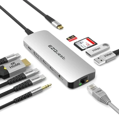Immagine di EZQuest Docking station USB C Hub 10 in 1 con 4K HDMI 60Hz, Gbs Ethernet, 2 porte Gen Gbs, porta PD 3.0, A audio, SD/Micro SD, compatibile computer