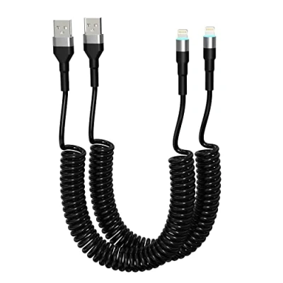 Immagine di cavo di ricarica a spirale per iPhone, confezione da 2, certificato Apple Carplay e MFi, corto USB Lightning con trasmissione dati LED, retrattile iPhone/Pad/Pod