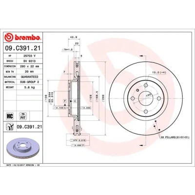 Immagine di BREMBO 09.C391.21 Disco freno 280 22 4 ventilazione interna rivestito ad alto tenore di carbonio MAZDA: MX 5 IV, FIAT: 124 Spider, ABARTH: Spider