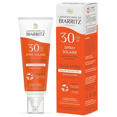 Immagine di Laboratories de Biarritz Crema solare spray SPF30 ALGA MARIS® Certificato Bio Viso e corpo Per adulti, consistenza fluida leggera, senza tracce bianche, 100 ml Made in France