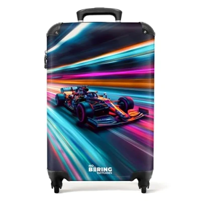 Immagine di NoBoringSuitcases.com Valigia Bambini, Trolley Bambino, Per 10 kg, Bambino Trolley, Bagaglio a Mano 55x40x20 cm (Auto di Formula 1 Neon multicolore)