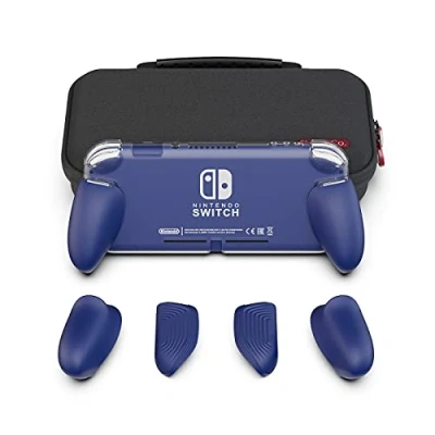Immagine di Skull &amp; Co. GripCase Lite Bundle: A Comfortable Protective Case with Replaceable Grips [to fit All Hands Sizes] for Nintendo Switch [with Carrying Case] Blue