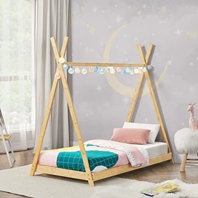 Immagine di [en.casa] Letto per Cameretta a Forma di Tenda Indiana 70 x 140 cm Bambino Tipi in Bambù Stile Montessori color Naturale