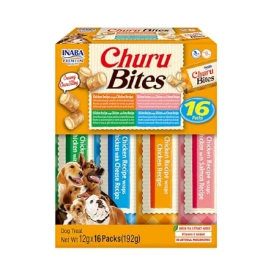 Immagine di INABA Churu Bites Snack per Cani, Bocconcini di Pollo in 4 Varietà Gusti 16 Stick x 12gr Premietti Cane Morbidi e Deliziosi Cibo Cani Senza Conservanti o Coloranti Artificiali