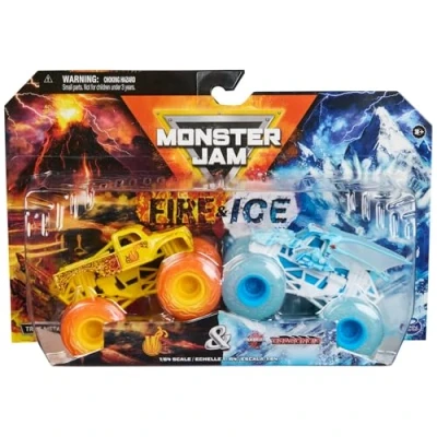 Immagine di Monster Jam Fire and Ice Trucks, confezione da 2, colpo di frusta contro Dragonoid, scala 1:64