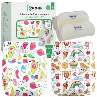 Immagine di Kolo Set di 2 Pannolini lavabili riutilizzabili per bambini e neonati + inserti assorbenti in bambù, Taglia regolabile, unisex 100% Ecologici. Fantasia HappyFood