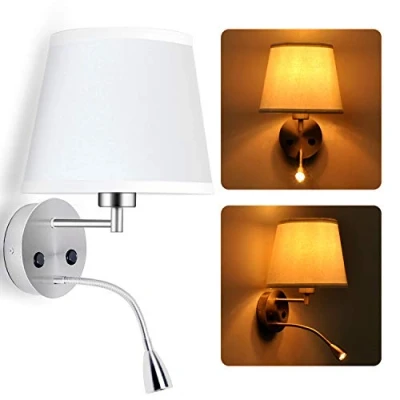 Immagine di BarcelonaLed Applique da parete E27 con faretto di lettura orientabile flessibile 1 W, paralume in tessuto bianco, 2 interruttore, per camera letto, testiera del comodino, salotto