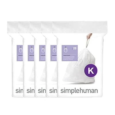 Immagine di simplehuman Code K Custom Fit Drawstring Bags, 35 45 Lettere / 9 12 galloni, bianco, 100 conteggi