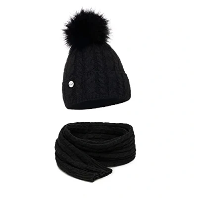 Immagine di ELIMELI® berretto invernale da donna in maglia con pompon, realizzato UE, nero. Set sciarpa, Taglia unica