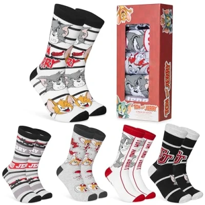 Immagine di TOM and JERRY Calzini Uomo Calze Pacco da 5 Divertenti per Ragazzo 40 45 Cotone Misto Regalo Natale Compleanno (Grigio/Multi)