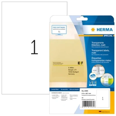 Immagine di HERMA Etichette per Marcatura, 210 x 297 mm, Adesive A4 Stampante, 1 Foglio, Trasparente