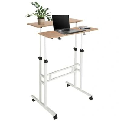 Immagine di HJH Office 830069 scrivania in Piedi Regolabile Altezza Workstation I 80x60 Bianco/Rovere per Computer con rotelle, Laptop, inclinabile