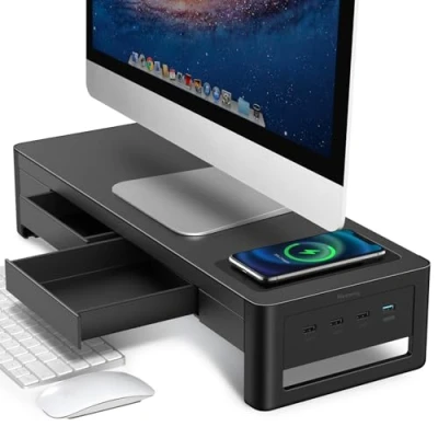 Immagine di Meatanty 3 in 1 supporto per monitor con 2 cassetti portaoggetti, modulo di ricarica wireless e 4 porte USB, metallo computer trasferimento dati