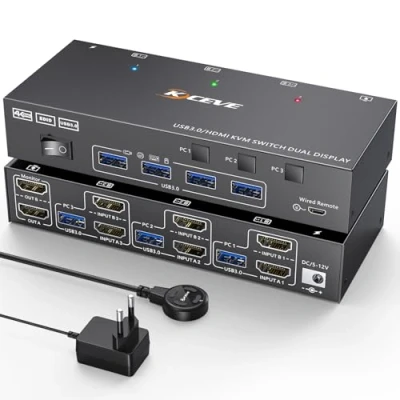 Immagine di USB 3.0 HDMI KVM switch 2 monitor 3 computer 4K a 60 Hz, simulazione EDID, per doppio Condividi display e 4 porte 3.0, telecomando cablato cavi inclusi