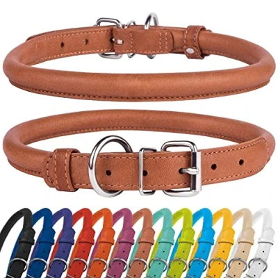 Immagine di CollarDirect collare per cani arrotolato in pelle, morbido rotondo imbottito cuccioli, fatto a mano vera pelle piccoli collari (8 11 pollici, marrone testurizzato)