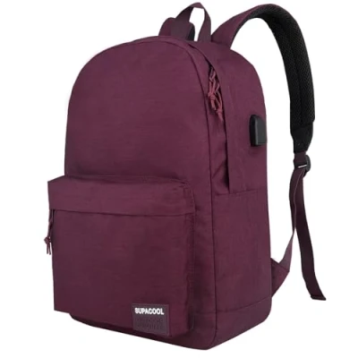 Immagine di SUPACOOL zaino leggero casual per computer portatile con porta di ricarica USB uomini e donne, uso quotidiano, college(Borgogna)