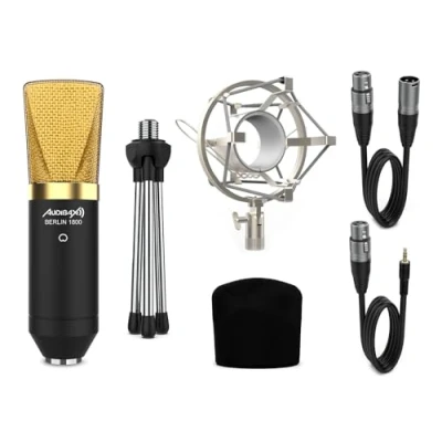 Immagine di Audibax Berlin 1800 Gold Microfono a Condensatore da Studio Risposta in Frequenza 20 Hz/20 KHz Professionale con Schema Polare Cardioide Diaframma Largo Colore Dorato