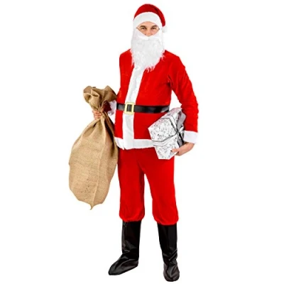 Immagine di dressforfun Costume da uomo Babbo Natale Giacca con chiusura a strappo Pantaloni elastico Gambali in similpelle incl. Barba e classico berretto punta (S no. 300310)