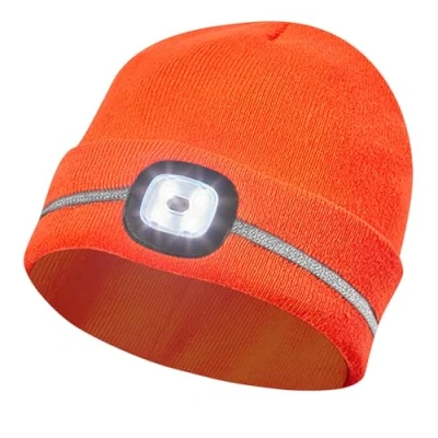 Immagine di Gebol Cappuccio a LED arancione, lampada frontale maglia, berretto con strisce riflettenti, porta USB per la ricarica, 60 minuti, 4 livelli di luce, unisex, 1 pezzo
