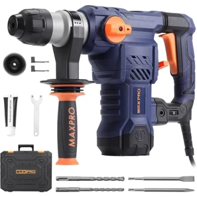 Immagine di MAXPRO Martello Perforatore, 1500W Demolitore 5.5J, SDS Plus Mandrino, 3 Funzioni, 6 Velocità Variabili 0 850giri/min,include punte trapano, 2 scalpelli