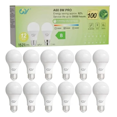Immagine di GY Lampadina LED E27, 8W(equivalenti a 100W), Lampadine 1521 Lumen, Luce Naturale 4000K, Fascio 360 Gradi LED, Risparmio Energetico A60, Non Dimmerabili, 12 Pezzi