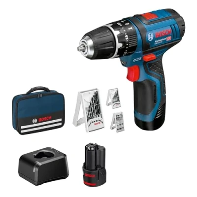 Immagine di Bosch Professional Sistema 12V Trapano Avvitatore Con Percussione GSB 15, Incl. Batteria 2x2.0 Ah + Caricabatterie, 2x Set Di Trapani, 1x Punte, In Borsa, Amazon Exclusive