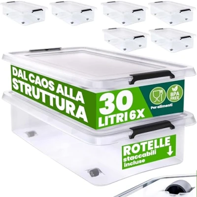 Immagine di Deuba® 6X 30L Scatole in Plastica Trasparente Senza BPA Contenitori con Coperchio Impilabili Ruote Cassette Salvaspazio