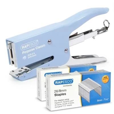 Immagine di Rapesco 1355A Cucitrice a Pinza Classica Porpoise con 10.000 Punti Tipo 26/8 mm, Capacità 45 Fogli, Azzurro