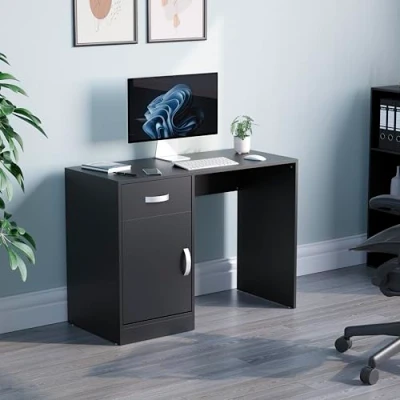 Immagine di Vida Designs Hudson Scrivania Cassetto e Porta, per Casa Ufficio, Tavolo Computer Portatile, Postazione di Lavoro Gioco, Colore: Nero, Legno Ingegnerizzato, H 72 x W 100 D 44