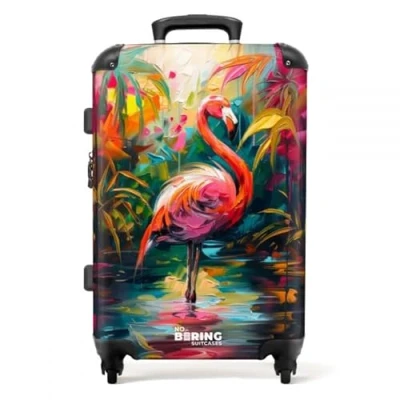 Immagine di NoBoringSuitcases.com © Valigia rigida con ruote Trolley medio grande Llucchetto TSA (Fenicottero in un ambiente colorato di pittura a olio), (Valigia media 67x43x25 cm)