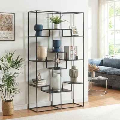 Immagine di [en.casa] Scaffale da Terra Multifunzionale Libreria Mobile Espositore Ripiani a Forma di Scale Divisorio per Open Space 180 x 100 35 cm Metallo Nero