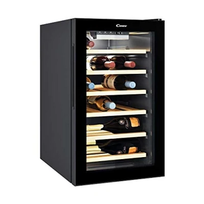 Immagine di Candy DiVino Cwc 021 Elsp Cantinetta Vino Piccola, 21 Bottiglie, Luci a LED e Trattamento anti UV, Ripiani in Legno, Porta Reversibile, 39 dBa, Libera Installazione, 40x54x69.5 cm, Nero