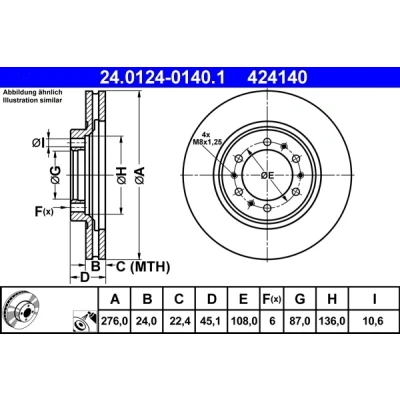 Immagine di ATE 24.0124 0140.1 Disco freno 276,0 24,0 6 108,0 ventilato rivestito MITSUBISHI: PAJERO 2, 3, L200 / Triton IV Pick up