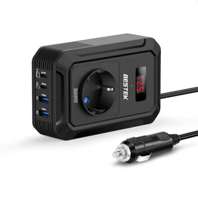 Immagine di BESTEK 200W Inverter 12v 220v 230V 240V Onda Pura,Inverter Auto con Prese AC 2 USB C (65 W e 30 W) QC (18 W),Convertitore Potenza per Camper/Barca a Sinusoidale Modificata（Nera）