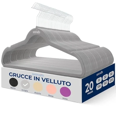 Immagine di SereneLife Set di 20 grucce in velluto, antiscivolo, resistenti, con gancio girevole a 360, finitura liscia velluto per proteggere il tessuto, leggere, design ultra sottile, cappotti e altri
