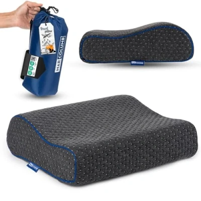 Immagine di Marcolumb Cuscino da viaggio Supporto ergonomico per il collo campeggio in memory foam con federa termoregolante Borsa impermeabile inclusa (Nero Cervicale)