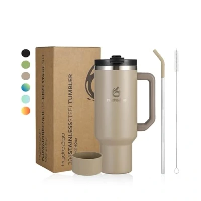 Immagine di Hydro2go® Tazza Termica con Cannuccia Caldo 10 ore, freddo 12 ore Lavabile in lavastoviglie, senza BPA da viaggio per bevande calde e fredde (Greige, 1200 ml)