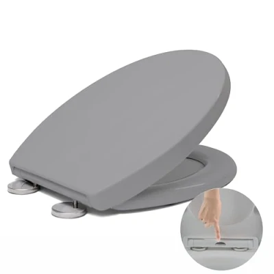 Immagine di Tavoletta per WC con chiusura rallentata, sgancio rapido una facile pulizia, sedile standard a forma di O, semplice fissaggio superiore, universale, grigio