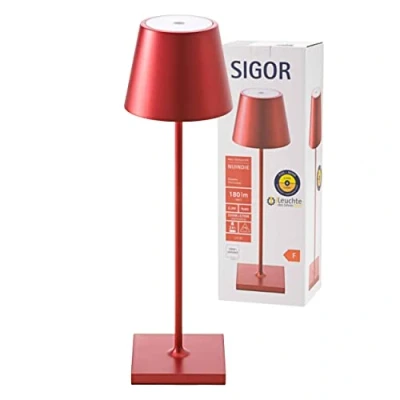 Immagine di SIGOR Nuindie Lampada da tavalo a batteria LED dimmerabile per interni ed esterni, altezza 38 cm, ricaricabile con Easy Connect, durata luce 24 ore, Rosso ciliegia