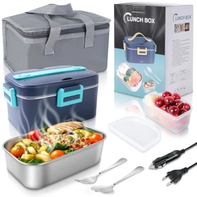 Immagine di Romon Scaldavivande Elettrico Portatile, 1.8L Porta Pranzo Termico 3 in 1(12V/24V/220V) per Auto Camion e Ufficio Lunch Box Riscaldatore 75W Scalda Vivande Portatile con Forchetta Cucchiaio