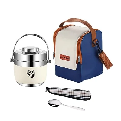 Immagine di Thermos Alimenti Caldi e Freddi, Contenitore Termico da 1300 ml, per di Acciaio Inossidabile, Lunch Box con Sacchetto Isolante Cucchiaio