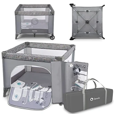 Immagine di Lionelo Lene 3in1 Box bambini pieghevole 100x100cm dalla nascita fino 15kg con materasso Lettino neonato da viaggio senza spigoli vivi Entrata laterale Pareti realizzate in rete trasparente (grigio)