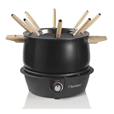 Immagine di Bestron Set per fonduta elettrico, macchina fino a 8 persone, con forchette e termostato continuo, incluso paraspruzzi, colore: legno/nero