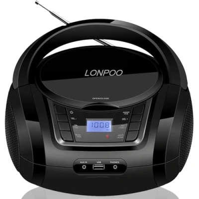 Immagine di LONPOO Lettore CD Portatile Boombox Bluetooth/Radio FM/USB 2.0 / AUX IN/Uscita cuffie/Stereo Altoparlante /5 EQ (LP D03B)