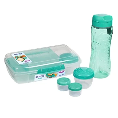 Immagine di Sistema To Go Lunch box e porta pranzo Con bottiglia per l&#039;acqua (800 ml), Bento (1,76 L), 2 contenitori condimenti yogurt Privi di BPA, Colori assortiti, 1 set