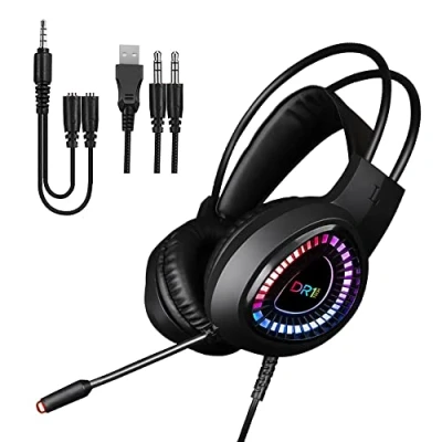 Immagine di DR1TECH FireScout+ Cuffie da Gaming LED con Filo e Microfono per PC Over Ear Driver 40mm Audio Stereo USB Doppio Jack + Adattatore incluso