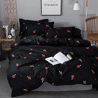 Immagine di Loussiesd Set di biancheria da letto per bambini con copripiumino matrimoniale, motivo fungo, 2 federe, decorativo, in microfibra, 3 pezzi, nero e rosso