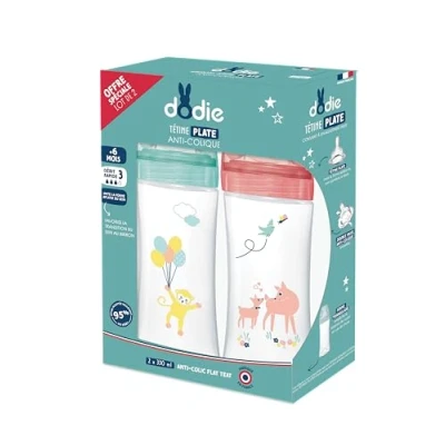 Immagine di Dodie, Confezione da 2 Biberon Anticolica Sensation+ (2 X 330 Ml), Tettarella Piatta, Flusso Medio grande, senza BPA, dai 6 mesi, giallo Circo